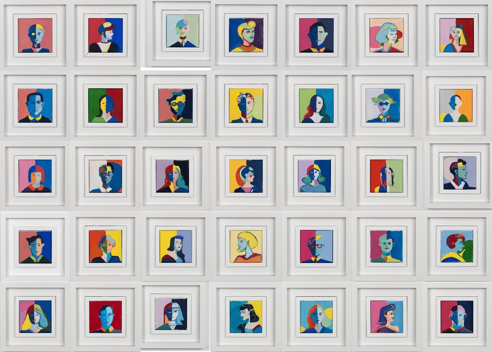 Framed portraits from the Multifarious series hung edge to edge in five rows